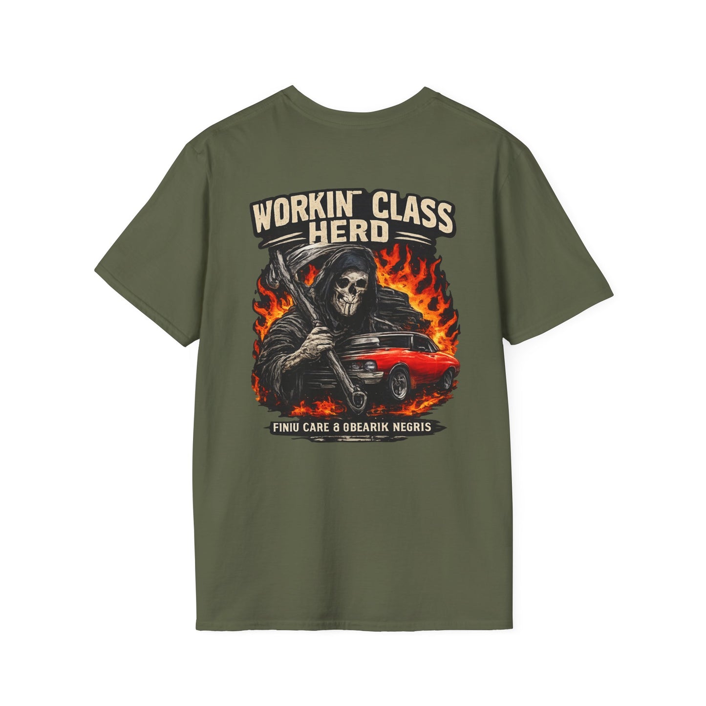 T-shirt vert avec la mort et la voiture