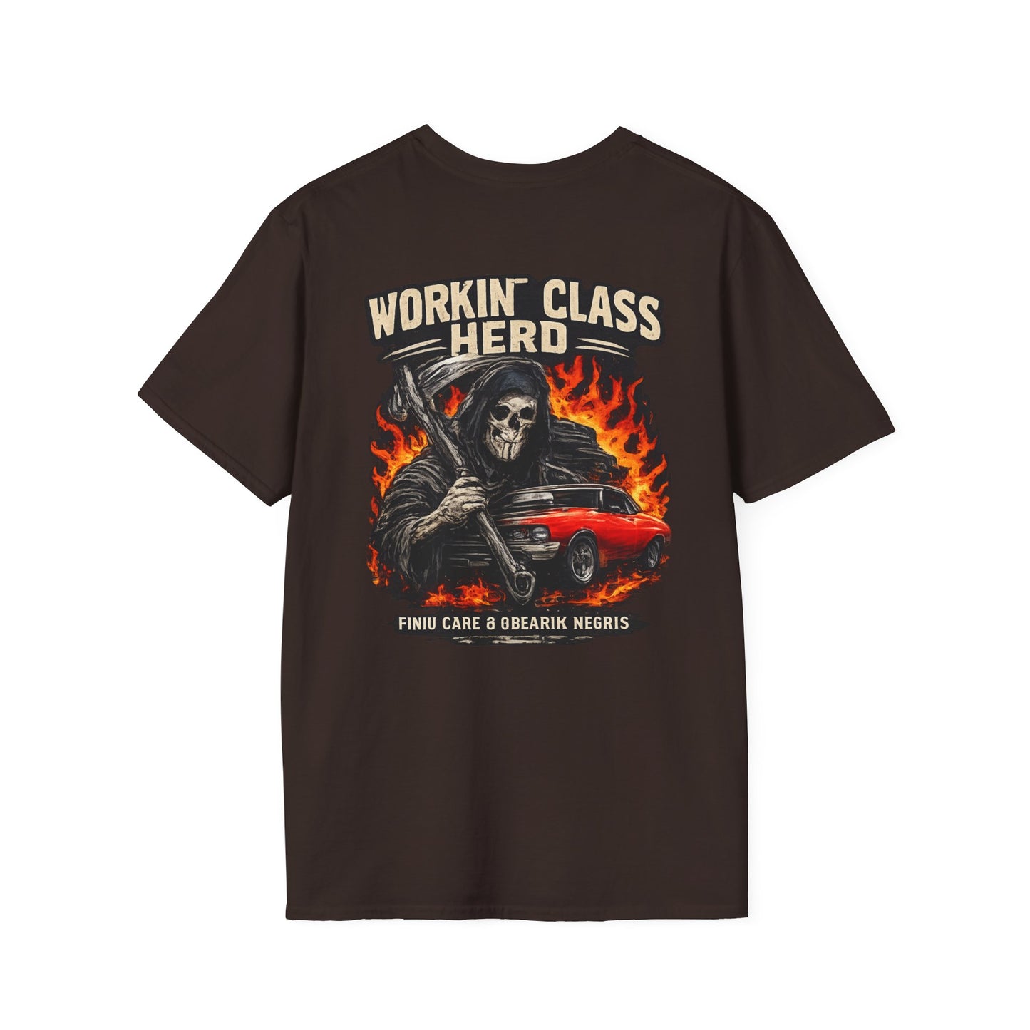 T-shirt marron avec la mort et la voiture 