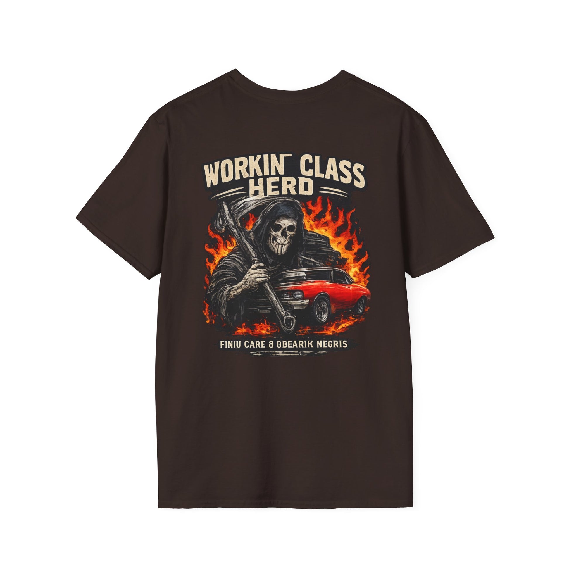 T-shirt marron avec la mort et la voiture 