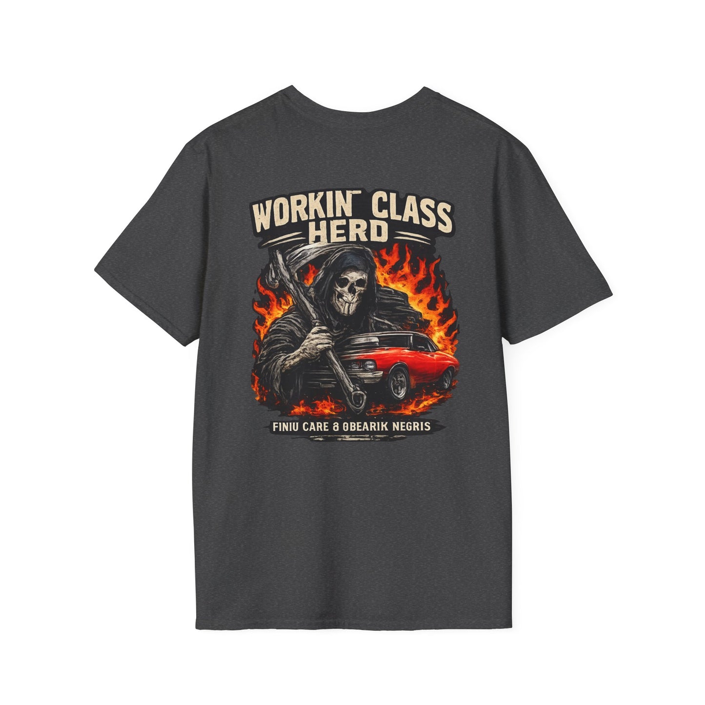 T-shirt gris avec la mort et la voiture