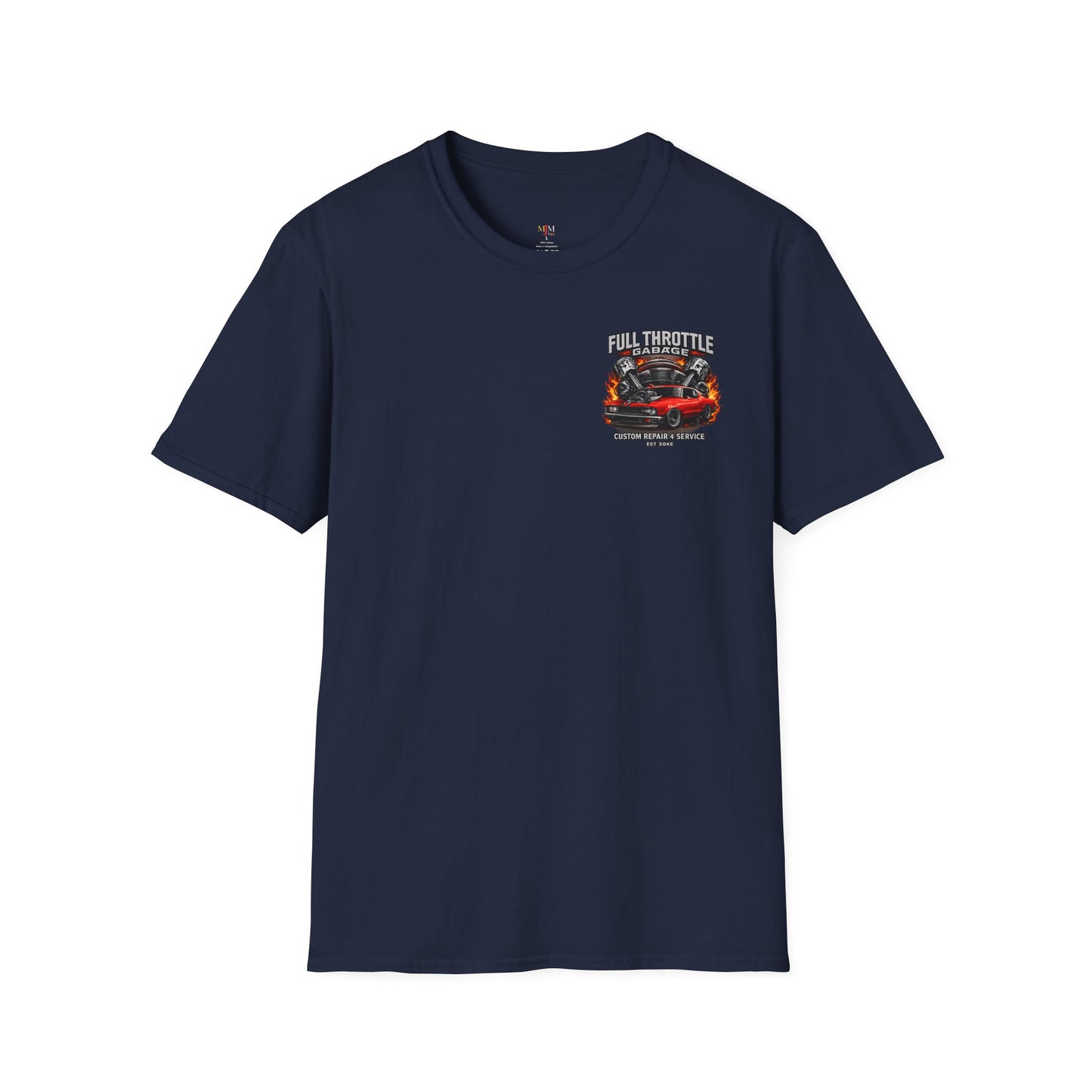 T-shirt bleu royal avec une voiture et des piston et des flamme sur la poitrine 