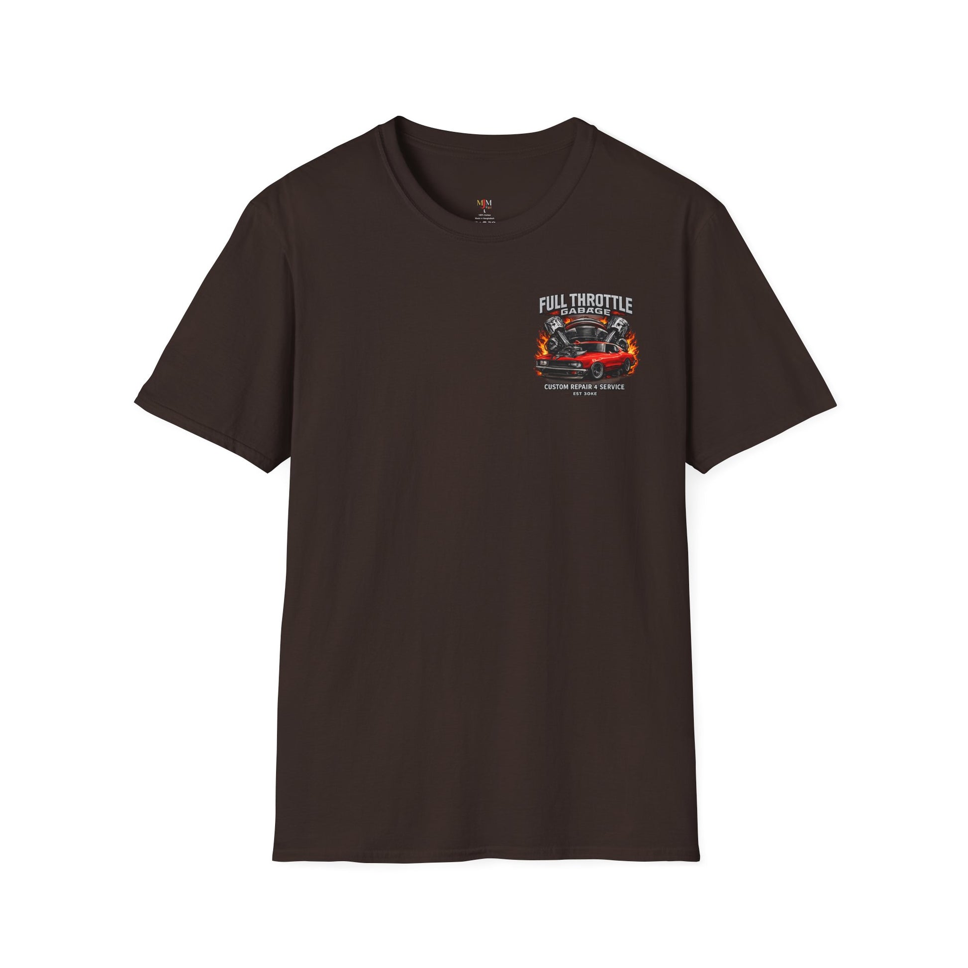 T-shirt marron avec une voiture et des piston et des flamme sur la poitrine 
