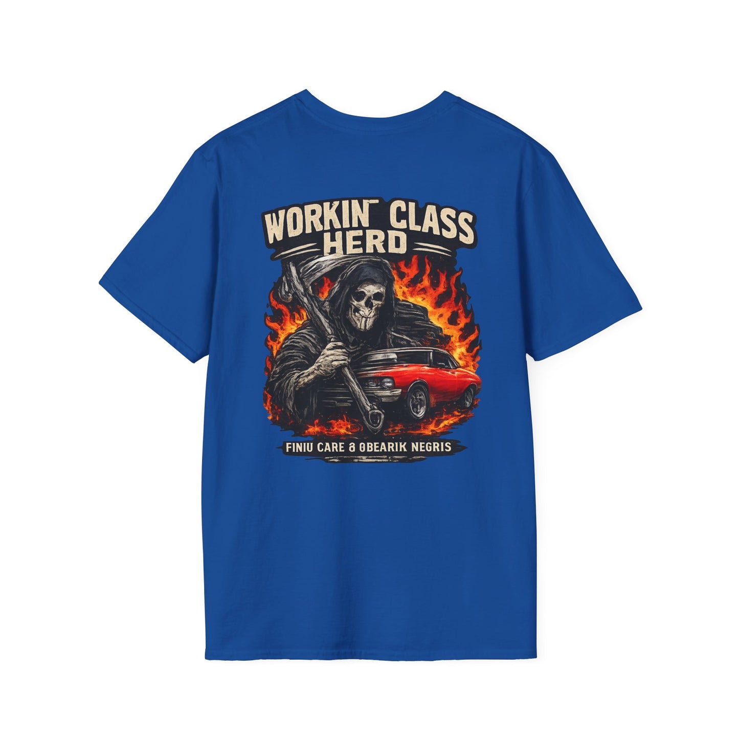 T-shirt bleu avec la mort et la voiture